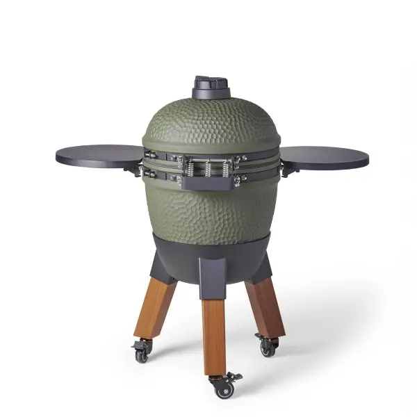 Moddern Kamado Olive Green Aluminum base, Wood look legs with wheels and side-shelves - Image 11